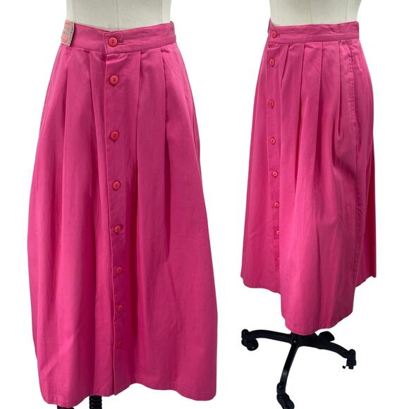 Vintage 80s Cotton Pleated Midi Skirt Button Front High Rise Pink NEW Womens 2/4 - Picture 1 of 9